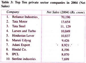 Top Ten Private Sector Companies  in 2004