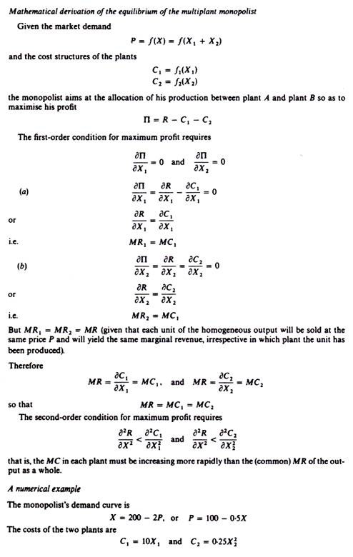 Derivation of equalibrium of the multiplant monopolist