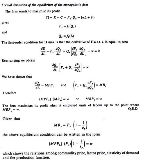 Derivation of Equlibrium of Monopolistic Firm